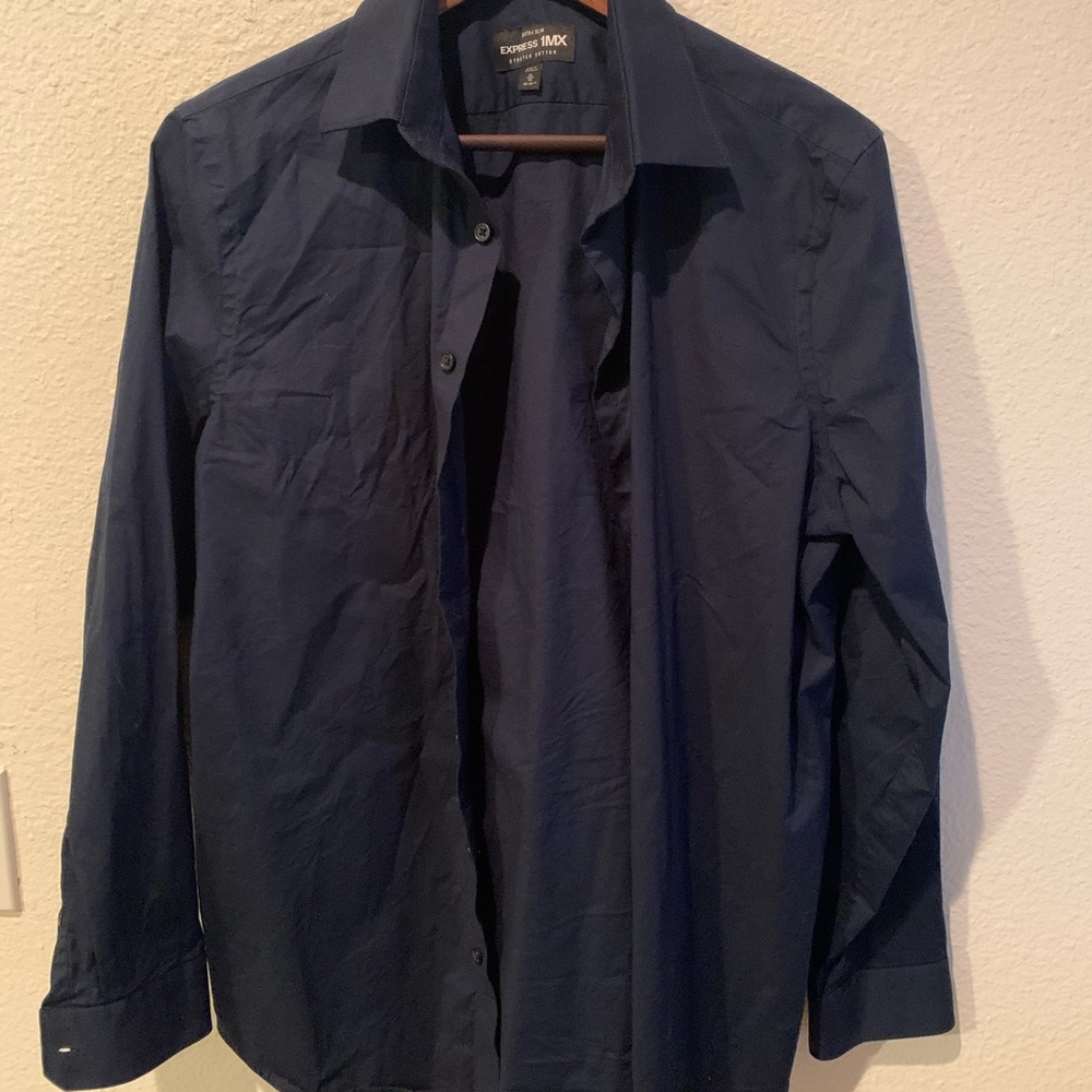 Express 1MX Slim Navy Blue Button Up Long Sleeve Dress Shirt